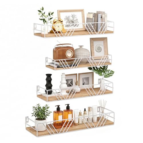 Floating Shelves for Wall, 4 Sets Rustic Shelf with Metal Frame | Wall Shelves for Room Wall, Hanging Storage Shelf Set for Bedroom, Living Room, Bathroom, Kitchen, Home Decor, White - color: White