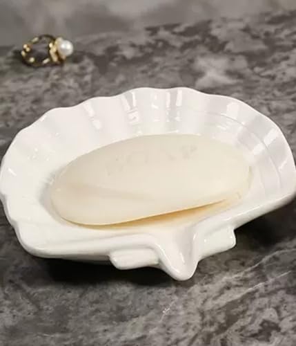 Ceramic Shell soap Box self draining European Design Sink Bathroom Shower soap Tray Anti-Slip soap Holder Multi-Functional Jewelry Stand Small and Cute, White