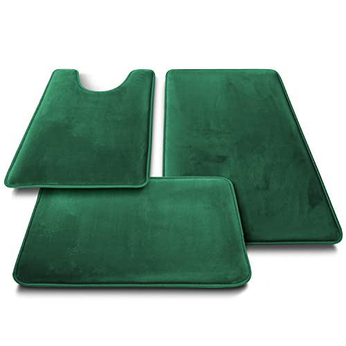 Clara Clark 3 Piece Bathroom Rugs Bath Mat Set, Velvet Memory Foam Bath Mats for Bathroom - Non-Slip, PVC Backing Bath Rugs, Washable - Dries Quickly, Green - color: Hunter Green