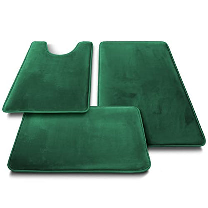 Clara Clark 3 Piece Bathroom Rugs Bath Mat Set, Velvet Memory Foam Bath Mats for Bathroom - Non-Slip, PVC Backing Bath Rugs, Washable - Dries Quickly, Green - color: Hunter Green
