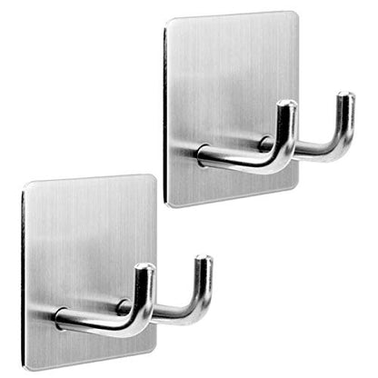 Adhesive Hooks Razor Holder Heavy Duty Wall Hooks Stainless Steel Waterproof Hanger For Kitchen Bedroom Bathroom,Stick on Hook Antiskid Hangers Double Hanging Towel Robe Coat Key Brushed Nickel 2-Pack