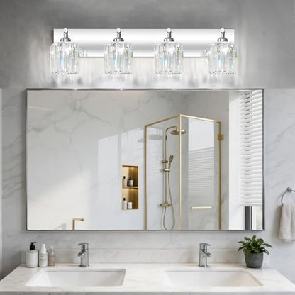 Brushed Chrome Crystal Bathroom Vanity Light, 4-Light Modern Bathroom Lighting Fixtures Over Mirror,Chrome Wall Sconce Light Fixtures with Round Shade - color: Chrome-Round Shade, size: 4-LIGHT
