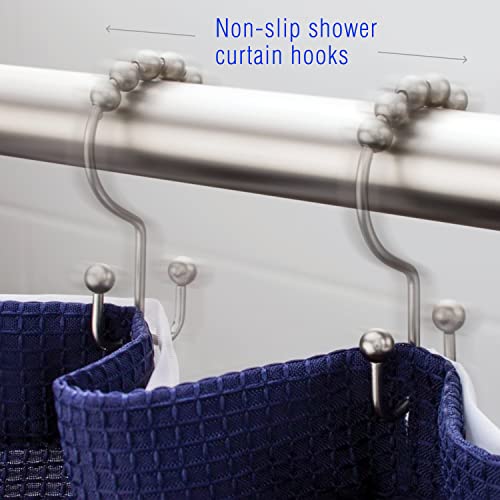 2lbDepot Double Sided Shower Curtain Hooks, Decorative Brushed Nickel Shower Curtain Hooks Rust Proof, Premium Stainless Steel Metal Hooks, Easy Glide Rollers, Set of 12 Curtain Rod Rings - color: Brushed Nickel