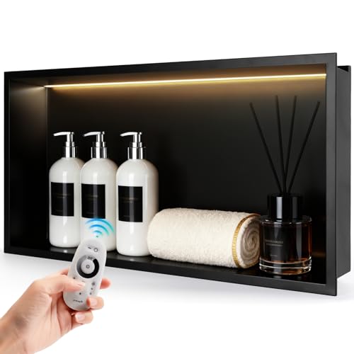 LED Shower Niche 24 X 12 Shower Niche No Tile Needed | 304 Stainless Steel Shower Niche with 3000K Warm Light, IP65 Waterproof Bathroom Niche for Shower, Remote Control, Seamless - color: Matte Black-warm White, size: 24" X 12"