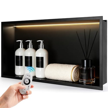 LED Shower Niche 24 X 12 Shower Niche No Tile Needed | 304 Stainless Steel Shower Niche with 3000K Warm Light, IP65 Waterproof Bathroom Niche for Shower, Remote Control, Seamless - color: Matte Black-warm White, size: 24" X 12"