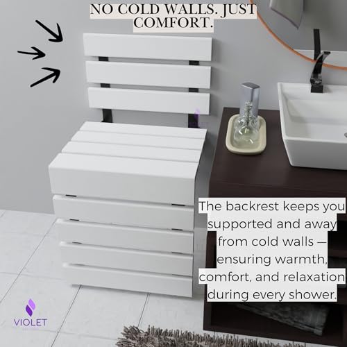 Folding Wall Mounted Teak Wood Shower Seat with Backrest, Water Resistant Foldable Bathroom Stool with Legs, Premium Materials Handmade Shoe Changing Bench, Space Saving and Super Safe Chair (White) - color: White