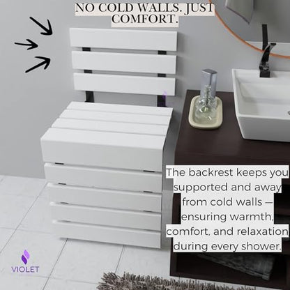 Folding Wall Mounted Teak Wood Shower Seat with Backrest, Water Resistant Foldable Bathroom Stool with Legs, Premium Materials Handmade Shoe Changing Bench, Space Saving and Super Safe Chair (White) - color: White