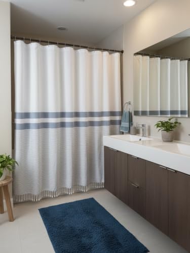 Striped Cotton Blend Shower Curtain with Fringe, Luxury Jacquard Fabric, Machine Washable, 72x72 Inch, Seabreeze - color: Seabreeze