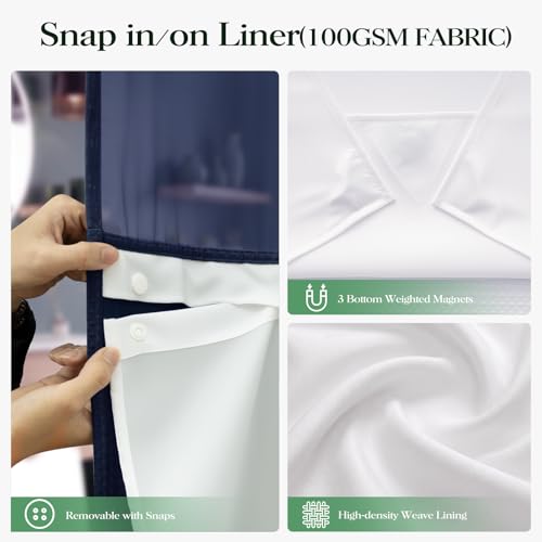 Navy Blue Hook Free Waffle Shower Curtain & Snap-in Liner,54x81 | Less Time to install, 3 in 1 Fabric Shower Curtain and Liner Set with Magnets, Stall, Long, Shower Curtains for Bathroom - color: B Navy Blue, size: 54"W x 81"L (Pack of 1)