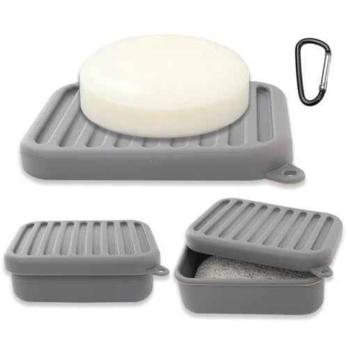Silicone Travel Soap Case with Lid & Drain Tray, Leakproof, for Travel | Food-grade silicone, Leakproof seal, Built-in hook, Removable drain pad doubles as soap holder, For gym, travel, camping - color: Grey