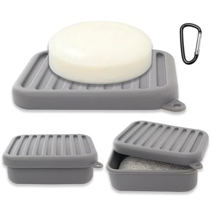 Silicone Travel Soap Case with Lid & Drain Tray, Leakproof, for Travel | Food-grade silicone, Leakproof seal, Built-in hook, Removable drain pad doubles as soap holder, For gym, travel, camping - color: Grey