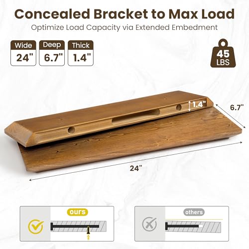 Acovy 24in Solid Spruce Wood Floating Shelves with Beveled Bottom Edges, Wooden Floating Shelf with Heavy-Duty Bracket for Living Room Bathroom Bedroom Kitchen, Rustic Light Brown, Set of 2 - color: Rustic Light Brown, size: 24"-2 Packs