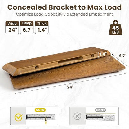 Acovy 24in Solid Spruce Wood Floating Shelves with Beveled Bottom Edges, Wooden Floating Shelf with Heavy-Duty Bracket for Living Room Bathroom Bedroom Kitchen, Rustic Light Brown, Set of 2 - color: Rustic Light Brown, size: 24"-2 Packs