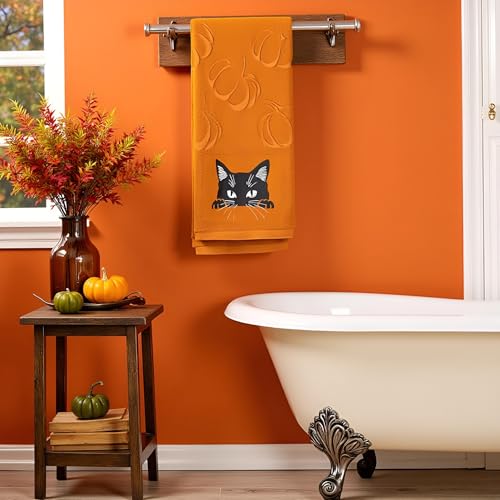 2 Pack Fall Hand Towel Jacquard Embroidered Cotton Kitchen Towels Farmhours Thankful Bath Towels Set Thanksgiving Bathroom Decor (Yellow Cat, 2*Hand Towel) - color: Yellow Cat