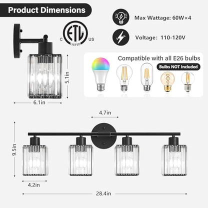 4 Light Bathroom Light Fixtures, Modern Crystal Vanity Lights over Mirror | Metal Frame, Bathroom Light with Square Crystal Shade, ETL Certified, E26 Ceramic Socket, Bulbs Not Included - color: Black, size: 4-Light