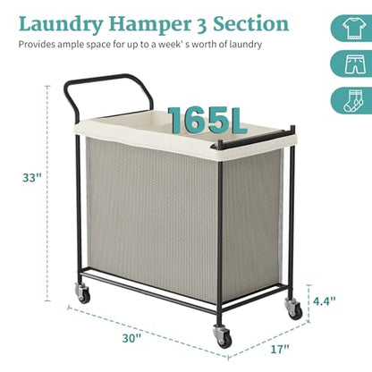 Laundry Hamper 3 Section, Laundry Basket with Wheels-165L, Removable Washable Bags, Height-Fitted Rolling Laundry Cart for Laundry Room & Bedroom - size: 165L(3-Section)