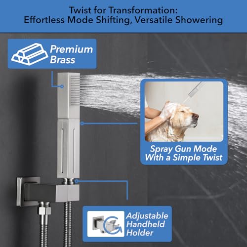 VANFOXLE Shower System, Brushed Nickel Shower Faucet Set, Four Modes | 10 Inch Ceiling Mount Head Increased Thick, 6 Inch Second Head, 2-in-1 Handheld Combo, 4 PCS Dual Mode Body Jets, Brass Valve - color: Brushed Nickel