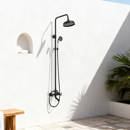Homevacious Matte Black Outdoor Shower Kit Exposed Shower | 8 Inch High Pressure Rain Shower Head with Hand Spray Bathroom Shower Faucet System Double Knobs Cross Handle 3-function - color: Matte Black, style: 3-Function