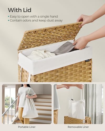 SONGMICS Slim Laundry Hamper with Lid, 14.5 Gallon (55L) Rattan Clothes Laundry Basket with Lid and Handles, Foldable, Removable Liner, Goose Yellow ULCB164N01 - color: Goose Yellow, size: 55 L