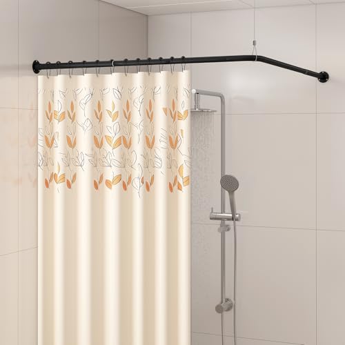 L Shaped Corner Shower Curtain Rod, 39" - 69" x 55" - 85" Adjustable 90 Degree Curved Bathroom Rod Square Rail No Sag with 12 Hooks & Ceiling Support - Black - color: Black, size: 39"-69" x 55"-85"