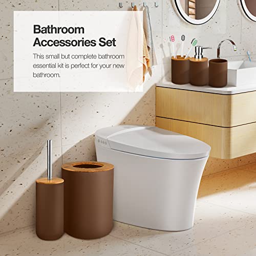 Bathroom Accessory Set, 6 Pcs Bathroom Essential Includes Toothbrush Holder, Toilet Brush with Soap Dispenser, Toothbrush Cup, Soap Dish, Trash Can (Brown, Bamboo) - style: Brown