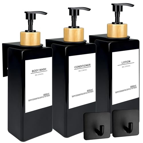 Shampoo and Conditioner Dispenser, No Drill, 16 Waterproof Labels | Shampoo Dispenser for Shower Wall, Shower Soap Dispenser Wall Mounted 3 Chamber, Bathroom, 17oz, Bamboo Black - color: Black Bottle + Bamboo Pump