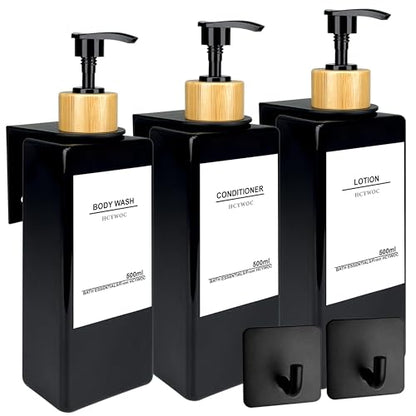 Shampoo and Conditioner Dispenser, No Drill, 16 Waterproof Labels | Shampoo Dispenser for Shower Wall, Shower Soap Dispenser Wall Mounted 3 Chamber, Bathroom, 17oz, Bamboo Black - color: Black Bottle + Bamboo Pump