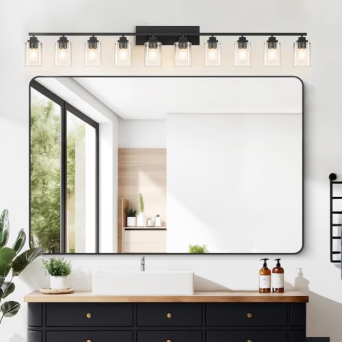 Matte Black Bathroom Vanity Light, 10-Light Modern Vanity Lighting Fixtures Over Mirror with Clear Glass Shade,Square Design,Wall Sconces for Living Room Cabinet Bedroom,E26 Socket - size: 10-Light