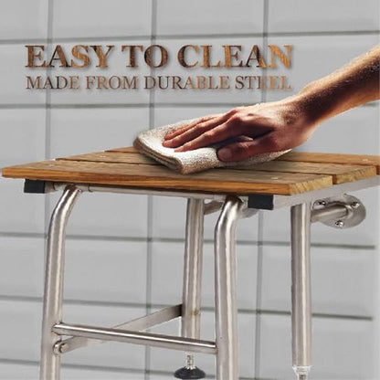Teak Shower Seat with Legs - Folding Wall Mount Bench for Inside Shower / Bathroom Safety Assist / 304 Stainless Steel & Hardwood / Left / 26" x 21" - size: 26 Left