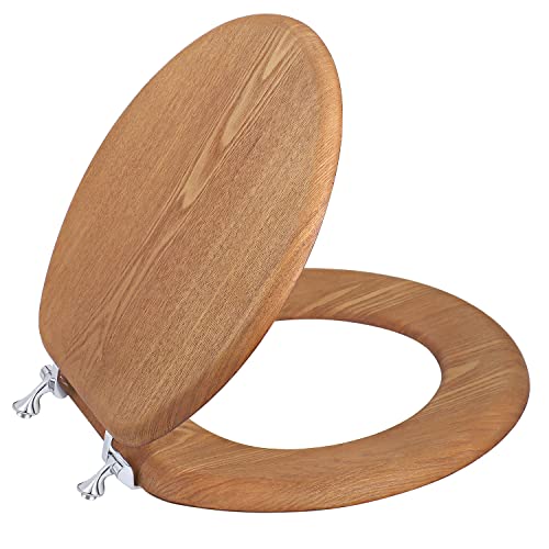 Wooden Toilet Seat Round with Metal Hinges, Wood Toilet Seat for American Standard Size Toilet Seats, Easy to Install