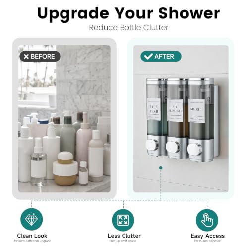 Shower Soap Dispenser 3-Chamber Wall Mount Shampoo Dispenser,Silver | Latch design No Drill Shampoo and Conditioner Dispenser for Bathroom Hotel, Durable ABS Material Large Capacity - color: 3silver