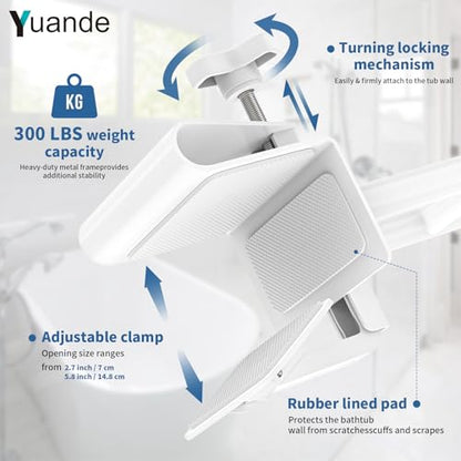Adjustable Bathtub Safety Rail,YuanDe 17x6 Inch Stainless Steel Tub Handle | Heavy-Duty Clamp-On Bath Handle for Elderly Seniors, Disabled & Injury Recovery (300 lbs), White - size: Standard