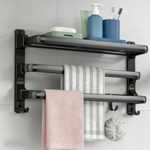 Towel Rack Wall for Bathroom Lavatory Hotel, 24 Inch Foldable Towel Shelf with 2 Towel Holder Bar and 7 Hooks, Black Matte Towel Storage Organizer Mounted, Drill-in or Adhesive Installation