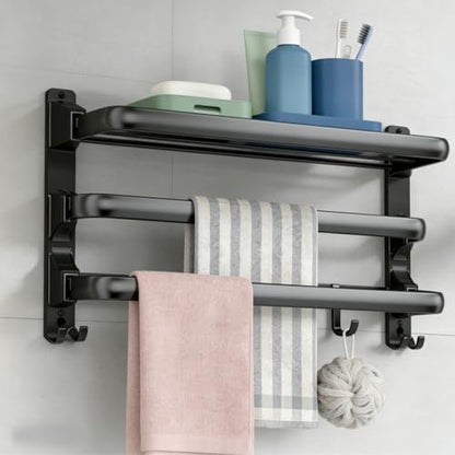 Towel Rack Wall for Bathroom Lavatory Hotel, 24 Inch Foldable Towel Shelf with 2 Towel Holder Bar and 7 Hooks, Black Matte Towel Storage Organizer Mounted, Drill-in or Adhesive Installation
