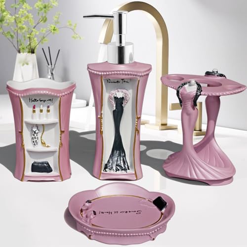 5 Piece Bathroom Accessories Set, Collection Bath Set Features Soap Dispenser, Toothbrush Holder, Tumbler, & Soap Dish (Pink) - size: 5PCS-PINK