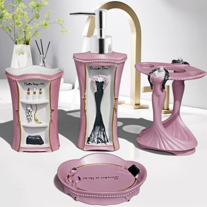 5 Piece Bathroom Accessories Set, Collection Bath Set Features Soap Dispenser, Toothbrush Holder, Tumbler, & Soap Dish (Pink) - size: 5PCS-PINK
