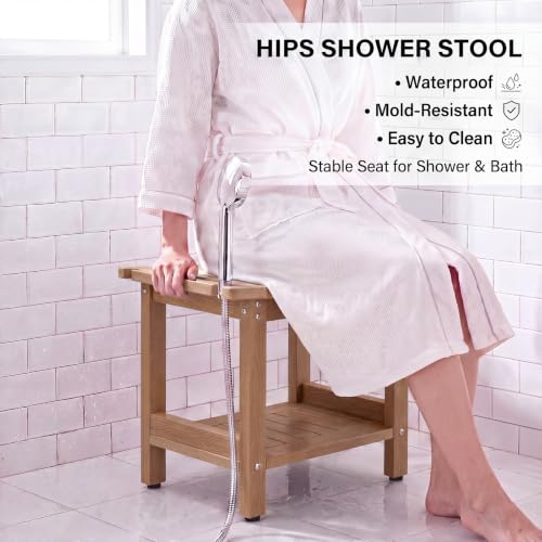 Shower Bench Seat for Shaving Legs HDPS Bath Chair Stool for Inside Shower | Heavy Duty Bathroom Chair Seat with Storage Shelf & Adjustable Feet, Anti-Rotting, Space-Save, No-Maintenance - color: Teak