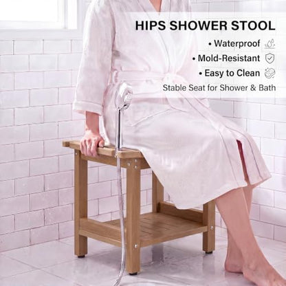 Shower Bench Seat for Shaving Legs HDPS Bath Chair Stool for Inside Shower | Heavy Duty Bathroom Chair Seat with Storage Shelf & Adjustable Feet, Anti-Rotting, Space-Save, No-Maintenance - color: Teak