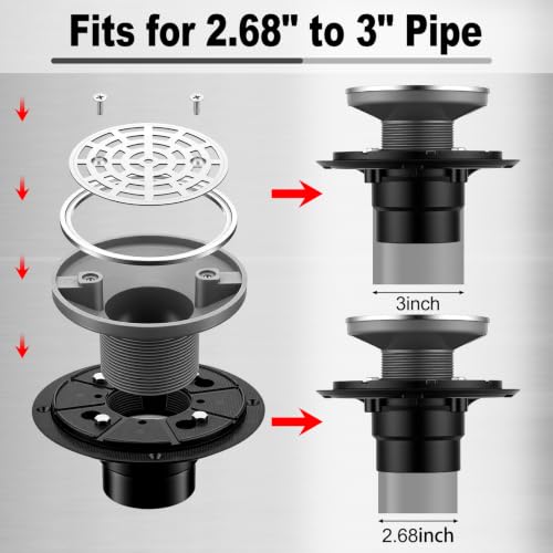 Lounsweer 2 Pack 4-1/4 Inch Round Shower Drain Brushed Nickel | Sus304 Stainless Steel with Removable Grid Grate Covers Adjustable PVC Base Flange for Bathroom Floor
