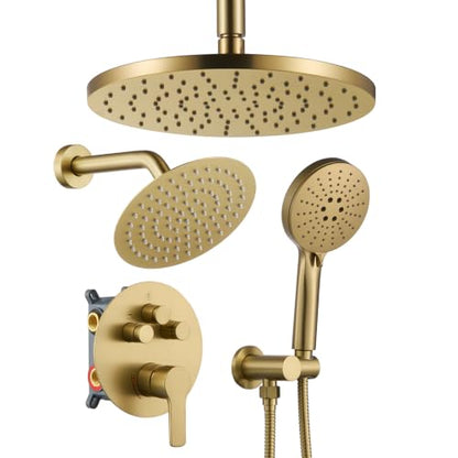 Iriber Brushed Gold Shower head with Handheld,8"+10" Rain Shower Faucet Set | 10 Inch Ceiling +8 Inch Wall Mount Dual Shower Heads,Push Button Diverter Shower System,Pressure Balance Valve - color: Brushed Gold 06
