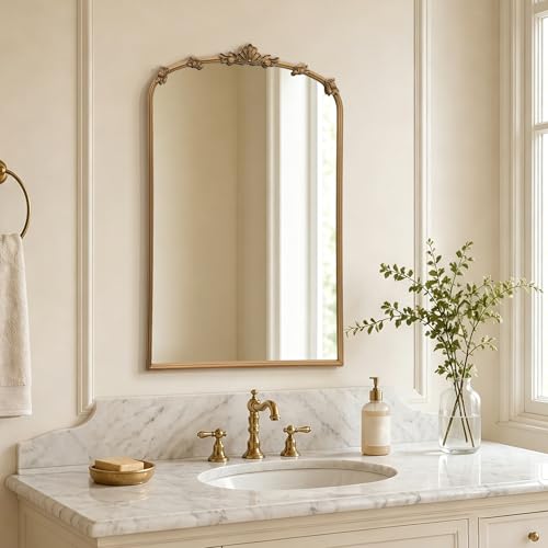 Besdomus Vintage Gold Mirror for Bathroom: 24"x36" Ornate Arched Mirror | French Baroque Antique for Wall/Mantel/Bedroom/Entryway/Vanity/Hallway - Ideal for Fashion- Conscious - size: 36"L x 24"W