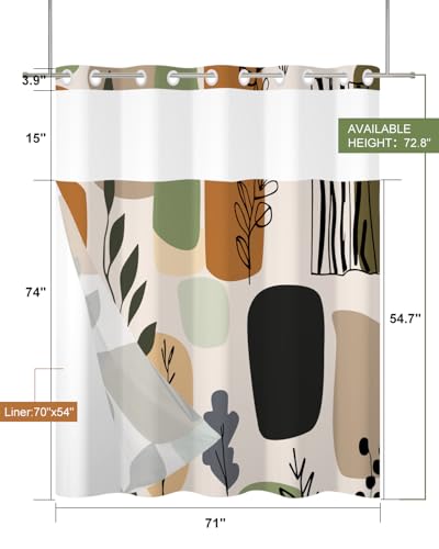 Boho No Hook Shower Curtain with Snap in Liner Set, 71x74 Inch | Double layer Waterproof Bath Curtain with Mesh Top, Abstract Botanical Leaf & Geometric Print for Mid-Century Modern Bathroom - color: Boho-1