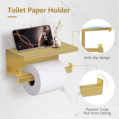 TQKAG 5-Pieces Brushed Gold Bathroom Hardware Accessories Set 23.6" SUS304 Stainless Steel Towel Bar Set Wall Mounted Square Toilet Paper Holder with Shelf - color: Brushed Gold, size: 5-Pieces Set-B