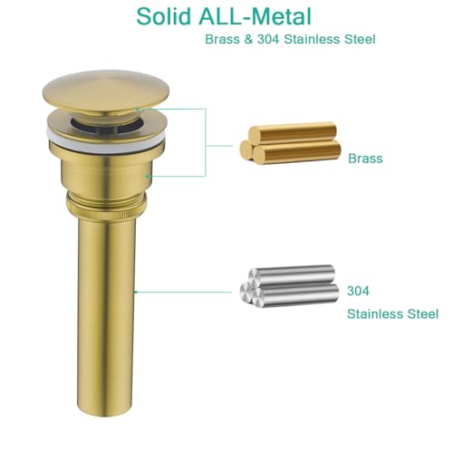 Bathroom Sink Drain With Overflow and Without Overflow Vessel Sink Lavatory Vanity Dual Use Pop Up Drain Stopper,All Metal Rustproof Brass and 304 Stainless Steel,Brushed Dark Gold - color: Brushed Dark Gold