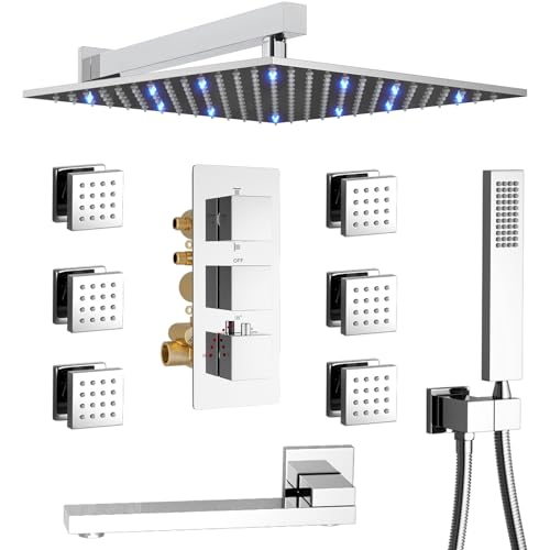 4 Way Thermostatic Shower System with 12 inch LED Shower Head, 6 Body Jet, Tub Spout, Handheld Spray, Chrome - color: Chrome, size: 12" Wall Shower