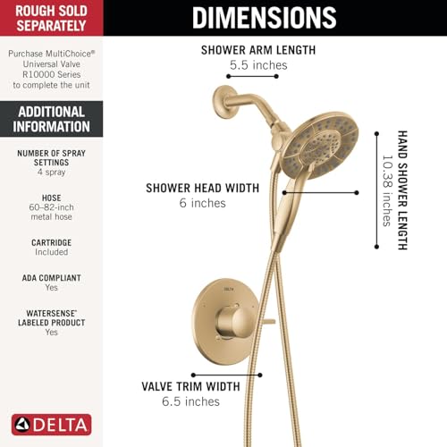 Delta Faucet Albion 14 Series Single-Handle Shower Faucet, Gold Shower Trim Kit with 4-Setting In2ition 2-in-1 Dual Hand Held Shower Head with Hose, Champagne Bronze T142855-CZ-I (Valve Not Included) - color: Champagne Bronze