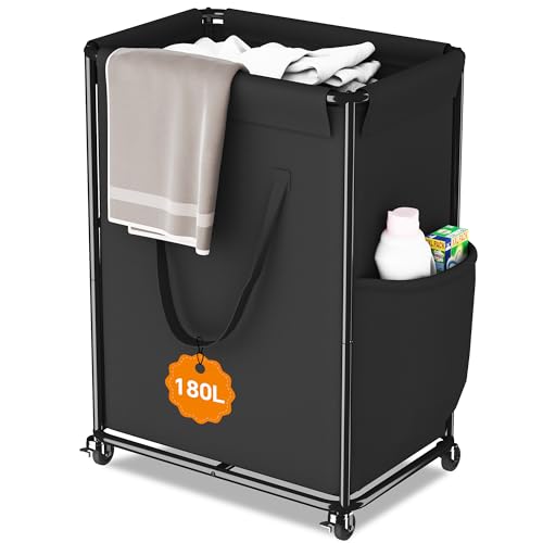 Homeiju 180L Large Laundry Hamper with Wheels, Rolling Laundry Basket with Metal Frame and Removable Bag Design, Dirty Clothes Laundry Cart for Bathroom, Dorm Room, Laundry Room, Black - color: Black