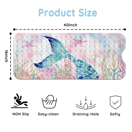 Bathtub Mats for Kids, Pink Mermaid Bath Mat for Tub Non Slip, 40 X 16 Inch Large Washable Bathtub Mat Non Slip for Showers with Drain Holes and Suction Cups - color: Pink Mermaid