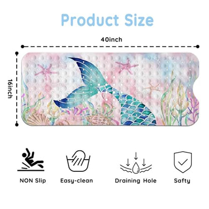 Bathtub Mats for Kids, Pink Mermaid Bath Mat for Tub Non Slip, 40 X 16 Inch Large Washable Bathtub Mat Non Slip for Showers with Drain Holes and Suction Cups - color: Pink Mermaid