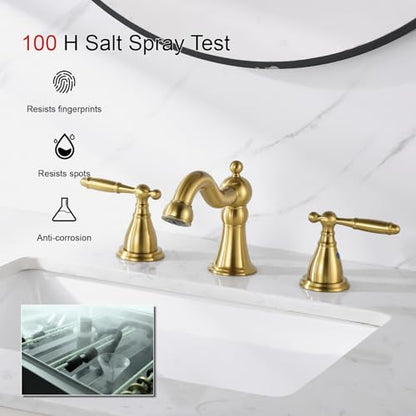 RKF Bathroom Faucets for Sink 3 Hole Gold 8 inch Widespread Bathroom Sink Faucet with Drain Double Lever Handle Faucet Bathroom Vanity Faucet Basin Mixer Tap WF013-BG - color: Gold